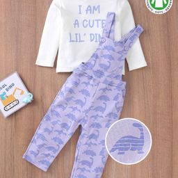 Babyoye Eco conscious Organic 100% Cotton Dungaree with Full Sleeves Tee Dinosaur & Text Print - Purple-image-4