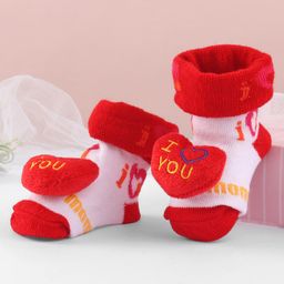 Cute Walk by Babyhug Ankle Length Sock Shoes With Heart Applique - Red-image-18