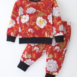 CrayonFlakes Full Sleeves Floral Printed Coordinating Sweatshirt & Joggers Set - Red-image-10