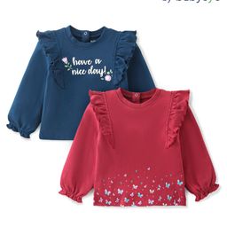 Babyoye 100% Cotton Knit Eco Conscious Full Sleeves T-shirt Text Print Pack of 2 - Navy Blue & Maroon-image-3