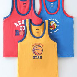 Simply Interlock  Sleeveless Set Of Vest With Basketball Print Pack Of 3 - Red Yellow & Blue-66