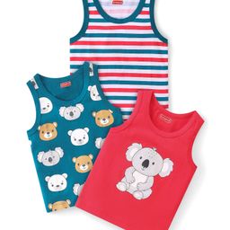 Babyhug 100% Cotton Sleeveless Sando Teddy & Koala Bear Print Pack of 3 - Multicolour-image-77