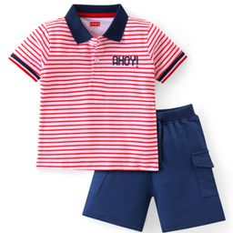 Babyhug Cotton Knit Half Sleeves Striped Polo T-Shirt & Shorts Set - Red & Blue-image-102