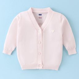 Simply Knitted Full Sleeves Front Open Sweater with Heart Applique - Light Pink-image-12