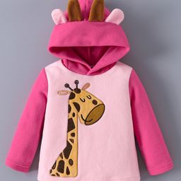 Kookie Kids Full Sleeves Hooded Sweatshirt with Giraffe Print & Ears Applique - Pink-image-76