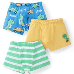 Babyhug 100% Cotton Antibacterial Striped & Dino Printed Trunks Pack of 3 - Yellow Blue & Green-12