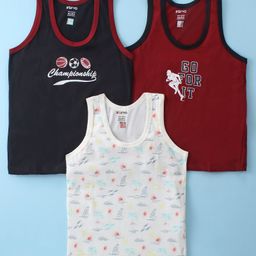 Revvo Junior Cotton Knit Sleeveless Set of Vests Beach Theme Print Pack of 3 -Maroon White & Black-20