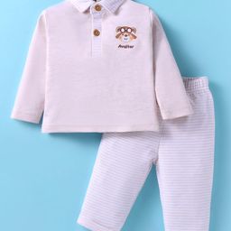 ToffyHouse Knit Full Sleeves Striped T-Shirt & Lounge Pant Set With Animal Embroidery - Mauve-image-96
