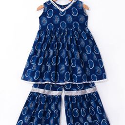 Ridokidz Sleeveless Paisley Printed Lace Embellished Kurta With Sharara Set - Navy Blue-image-34