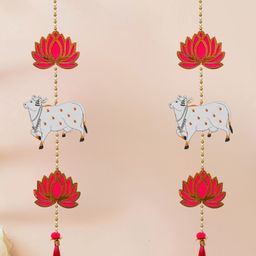 eCraftIndia Red & White 2 Pieces Lotus & Cow Hanging Decor-26