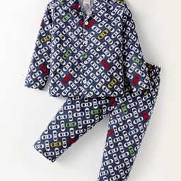 Ollypop Sinker Knit Full Sleeves Vehicle Printed Night Suit - Navy Blue-image-26