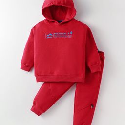 Little Kangaroos Fleece Knit Full Sleeves Winter Wear Hooded Sweatshirt & Lounge Pant Set With Text Print - Red-image-96