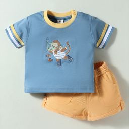 ToffyHouse Knitted Half Sleeves T-Shirt & Shorts Set with Monkey Embroidery - Light Blue-image-90