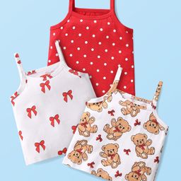 Babyhug 100% Cotton Knit Sleeveless Polka Dot Bow & Teddy Bear Printed Slips Pack of 3 - White & Red-image-79