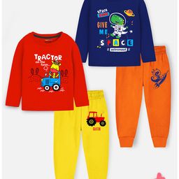 Trampoline Pack Of 2 Full Sleeves Tractor & Space Dino Text Printed Tees & Pajamas Set - Multi Colour-17