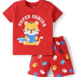 Babyhug Cotton Knit Half SleevesShorts Night Suit with Bear Print - Red-image-66