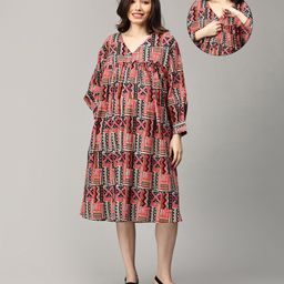 The Mom Store Cotton Full Sleeves Abstract Printed Maternity Dress With Nursing Access - Multi Colour-image-36