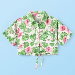 CrayonFlakes Rayon Half Sleeves Floral Printed Shirt Style Crop Top - Off White & Green-image-78