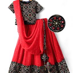 Pine Kids Woven Half Sleeves Choli Lehenga Set with Dupatta Floral Embroidery & Sequin Detailing -Red & Black-image-61