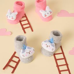 Kicks & Crawl Cotton Pack Of 2 Baby Animals Applique Detailed Anti Skid 3D Socks - Pink & Grey-image-69