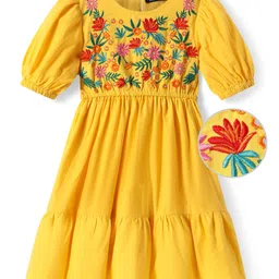 Pine Kids 100% Cotton Half Sleeves Floral Embroidered Frock - Yellow-picture-22