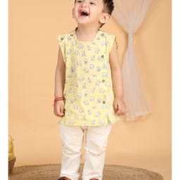 Polka Tots Cotton Sleeveless Baby Elephants Printed Jhabla & Pant Set - Yellow-image-66