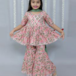 Ka-mee Cotton Woven Three Fourth Sleeves Floral Printed Lace Embellished Kurta With Coordinating Sharara & Dupatta Set - Pink-picture-22