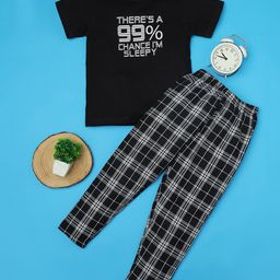 RAINE AND JAINE Cotton Knit Half Sleeves There Is 99% Chance I M Sleepy Text Printed & Checked Night Suit Set - Black & White-image-5