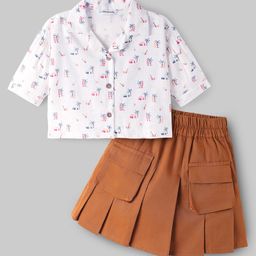 OLLINGTON ST. Rayon Half Sleeves Beach Theme Printed Top & Woven Skirt - Multicolor & Brown-image-104