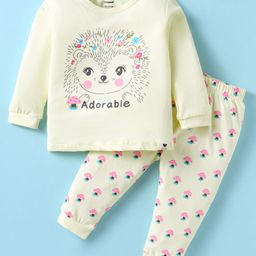 CUCUMBER Sinker Knit Full Sleeves Night Suit with Hedge Hog Print - Lemon Yellow-image-80