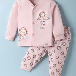 CUCUMBER Sinker Knit Full Sleeves Night Suit with Lion Print - Baby Pink-picture-15