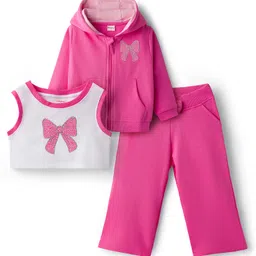 Babyhug Terry Knit Full Sleeves Sweatshirt Jacket Inner Top & Pant Set with Bow Applique - Pink & White-picture-15
