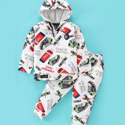 Dapper Dudes Full Sleeves Typography Printed Light Winter Hooded Tee & Coordinating Track Pants Set - White-picture-42