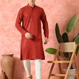 7 GEN Geometric Embroidered Mandarin Collar Sequinned Straight Kurta-image-89