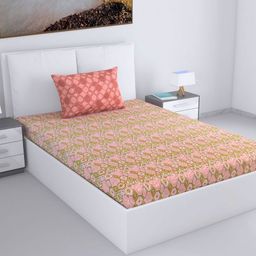 Divine Casa Rose & Olive Green Geometric 144 TC Single Bedsheet with 1 Pillow Covers-image-51