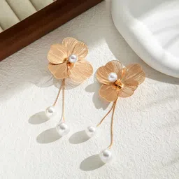 DIVASTRI Korean Gold-Plated Floral Shaped Teardrop Pearls Studs-16