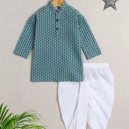 The Magic Wand Boys Floral Printed Band Collar Pure Cotton Straight Kurta With Dhoti Pants-image-28