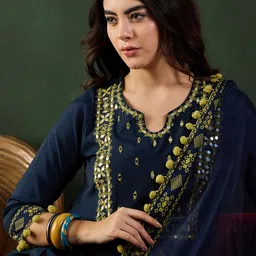 Sangria Navy Blue Notch-Neck Mirror Work Chanderi Silk Kurta With Dhoti Pant And Dupatta-picture-19