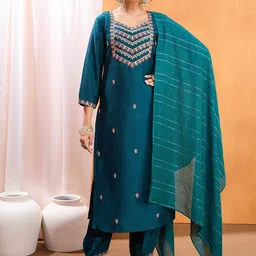SUAAC Women Ethnic Motifs Embroidered Regular Thread Work Kurta with Trousers & With Dupatta-picture-42