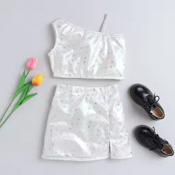 taffykids Girls Rhinestone Studded Embellished Asymmetric Neck Top With Slit Skirt-image-81
