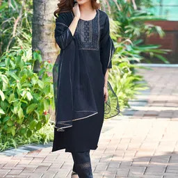 SANISA Women Cotton Blend Embroidered Kurta Sets With Dupatta-picture-32