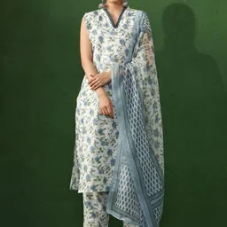 Jaipur Kurti Floral Printed V-Neck Sleeveless Straight Kurta With Trousers & Dupatta-49