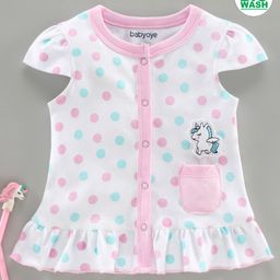 Babyoye Cotton Cap Sleeves Polka Dot Jhabla Unicorn Applique - White-picture-35