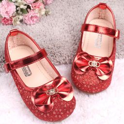 Cute Walk By Babyhug Belly Shoes Studded Bow Applique - Red-image-44