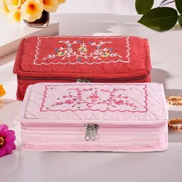 Kuber Industries Red & Pink 2 Pieces Floral Embroidered Jewellery Organisers-10