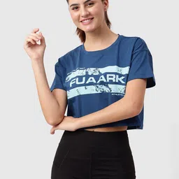 FUAARK Women Typography Printed Pure Cotton Anti Odour Training or Gym Cropped T-shirt-image-55