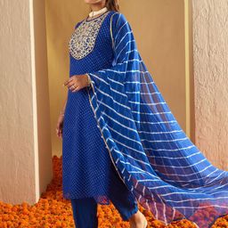 Indo Era Leheriya Embroidered Georgette Straight Kurta With Trousers & Dupatta-16