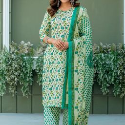 Mitera Floral Printed V-Neck Straight Kurta With Trousers & Dupatta-picture-17