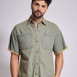 FUGAZEE Raw Edge Edgy Oversized Spread Collar Pure Cotton Denim Shirt-image-13