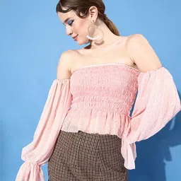 ANVI Be Yourself Off-Shoulder Bell Sleeve Smocked Chiffon Bardot Crop Top-image-54